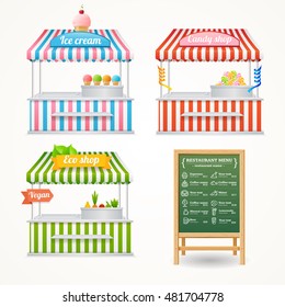 Street Food Market Stall Icon Set and Menu Board. Ice-cream, candy shop and vegan markets. Cartoon Vector illustration