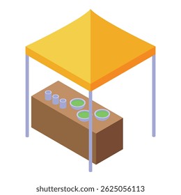 Street food market stall is selling food under yellow tent, isometric view