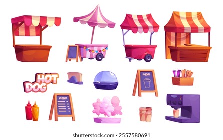 Street food market stalls and equipment set - striped awning carts, portable kiosks, hot dog signage, condiment bottles, menu boards, cotton candy, coffee maker and cups. Mobile vendor equipment.