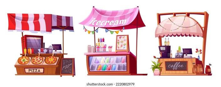 Street food, market stalls, fair booths, wooden kiosk with striped awning, coffee, ice cream and pizza. Wood vendor counter with sunshade for outdoor trading. Retail place isolated cartoon vector set