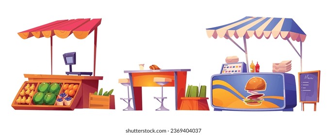 Street food market stalls with farm vegetables and fruits, hamburger fast eating and bar counter with high chairs. Cartoon vector illustration set of shop and trade kiosks for outdoor local funfair.