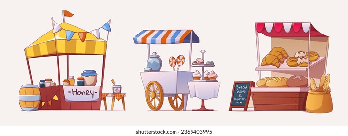 Street food market stalls with honey and bee products, fresh bakery pastries, confectionery candies and cookies. Cartoon vector illustration set of farmer stand with food for funfair and park festival