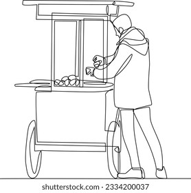 Street food market stalls standing in public park. Cartoon vector illustration of simple line roasted corn seller, cooking noodles, coffee, burgers outdoors. Silhouettes of city.