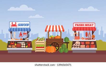 Street food market vegetable fruits meat and fish. Vector flat cartoon graphic design illustration