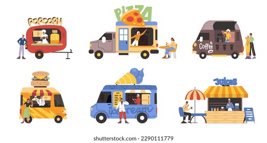 Street food marketplace kiosks. Eating festival on wheels. Vendors at counters. Cooks and visitors. Restaurant stalls and trucks. Coffee shop. Burgers and ice cream