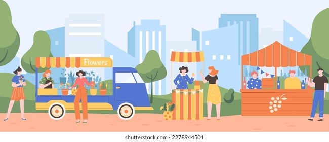 Street food marketplace. Local market with counters and trucks selling various goods. Woman selling fresh lemonade, people pouring alcohol drink, man buying wine, houseplants retail vector