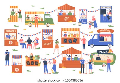 Street food marketplace. Outdoor farmers market, characters buy and sell vegetables, bread, flowers and other products, street shopping trade vector illustration. Local kiosks, food trucks and booths