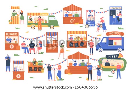Street food marketplace. Outdoor farmers market, characters buy and sell vegetables, bread, flowers and other products, street shopping trade vector illustration. Local kiosks, food trucks and booths