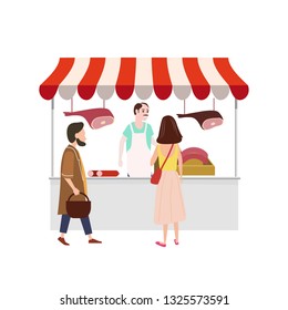 Street food meat market talls canopy and products beef pork and chicken production. Seller and Buyers. Vector, Illustration, Isolated, Banner, Template Cartoon flat