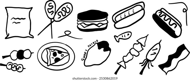 Conjunto de doodles minimalista de comida de rua | Ilustração de vetor em preto e branco de duas cores