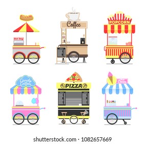 Street food mobile carts. Soft hot dogs, fresh coffee, crispy popcorn, tasty ice cream, Italian pizza and candy cotton cart vector illustrations.