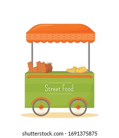 Street food mobile kiosk cartoon vector illustration. Indian traditional cuisine trade stall flat color object. Street trading, fast food tent on wheels isolated on white background