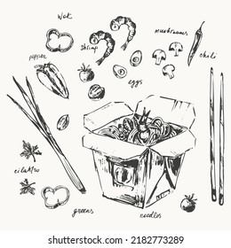 Street food noodles sketch. Takeaway box, chopsticks, ingredients, vegetables, mushrooms, tomato, greens. Fast food background, asian menu design elements set.
