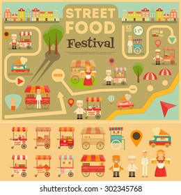Street Food on City Map. Food carts on Infographic Card. Sellers and Trucks with Food. Vector Illustration.