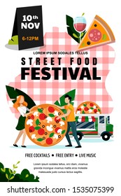 Street food outdoor festival poster or banner design template. Vector flat cartoon illustration. Italian food truck and young couple with large pizza on red checkered tablecloth background.