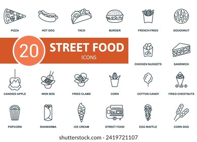 Street food outline icons set. Creative icons: pizza, hot dog, taco, burger, french fries, doughnut, chicken nuggets, sandwich, candied apple, wok box and more.