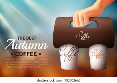 Street food packaging poster including hand holding coffee cup with brand identity on blurred background vector illustration 