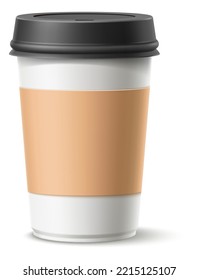 Street food packaging. Realistic takeaway container. Paper coffee cup with closed lip. Disposable glass for hot drinks. Espresso or tea beverage. Vector cardboard mug