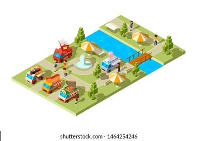 Street food park. Public place with wagons cars selling different food ice cream burgers sushi cold drinks vector isometric composition. Illustration of park food, street festival outdoor