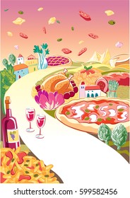 The street food: pasta, pizza, roast chicken with potatoes, vegetables, a bottle of wine and two glasses. In the sky flying ravioli.