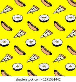 STREET FOOD PATTERN DONUT HOT DOG PIZZA YELLOW BACKGROUND