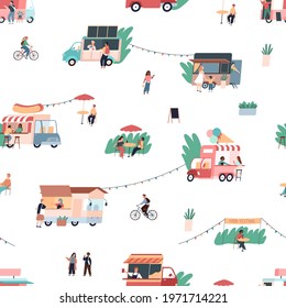 Street food pattern. Seamless texture of gastronomic fair with mobile cafes. People buy and eat snacks on street. Happy persons walk and ride bicycles. Vector meal festival background