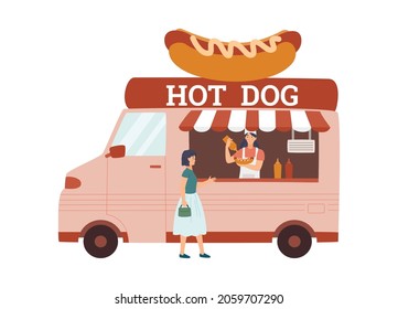Street food pink truck with hot dog installation on roof in flat vector illustration isolated on white. Female cartoon character cooking, selling fast food from van to customer at street food festival