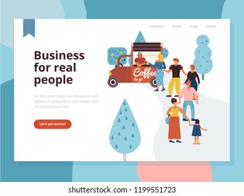 Street food poster with sellers and buyers symbols flat vector illustration