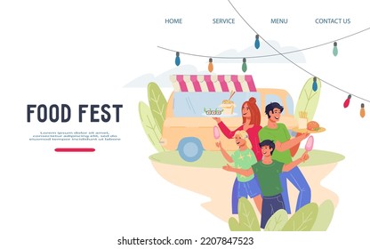 Street Food Restaurant And Canteen Web Page Mockup. Street Food And Truck Festival Banner Or Poster Template For Web And Social Media, Flat Vector Illustration.