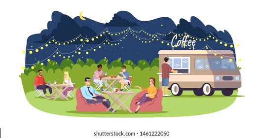 Street food restaurant flat vector illustration. Summer city festival. Coffee point truck, resting visitors. People eating, chatting in park cafe isolated cartoon characters on white background