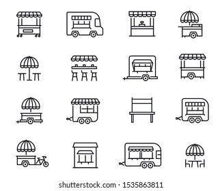 Street food retail linear vector icons set. Fastfood truck, kiosk, trolley outline symbols. Wheel market stall, mobile cafe, trade cart contour drawings collection isolated on white background