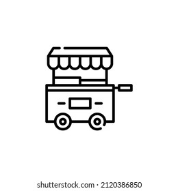 Street food retail thin line icon. Food trolley, truck, kiosk, wheel market stall, mobile cafe, shop, trade cart. Vector linear icon. Fast food sale