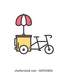 Street food retail thin line icon. Tricycle trade cart. Fast food trolley bike, bicycle. Wheel shop, cafe, mobile kiosk, stall. Vector style linear icon. Isolated illustration. Symbols. Yellow svg