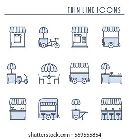 Street food retail thin line icons set. Food truck, kiosk, trolley, wheel market stall, mobile cafe, shop, tent, trade cart. Vector style linear icons. Isolated illustration. Symbols Blue