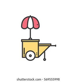 Street food retail thin line icon. Food trolley, truck, kiosk, wheel market stall, mobile cafe, shop, trade cart. Vector linear icon. Isolated illustration. Symbols Object. Fast food sale