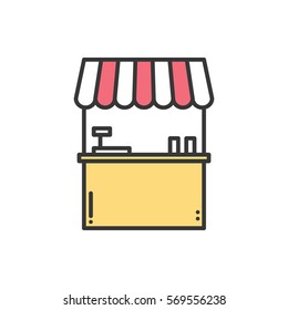 Street food retail thin line icons set. Food kiosk, market stall, mobile cafe, shop, trade cart. Vector linear icons. Isolated illustration. Symbols. Object. Fast food. Hot dog, ice cream sale