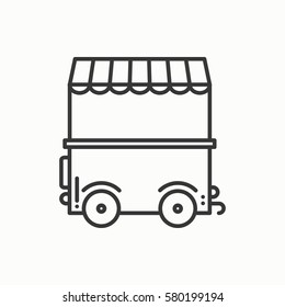 Street food retail thin line icon. Food trolley, truck, kiosk, wheel market stall, mobile cafe, shop, trade cart. Vector linear icon. Isolated illustration. Symbols Object. Fast food sale