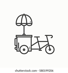 Street food retail thin line icon. Tricycle trade cart. Fast food trolley bike, bicycle. Wheel shop, cafe, mobile kiosk, stall. Vector style linear icon. Isolated flat illustration. Symbols. Black svg