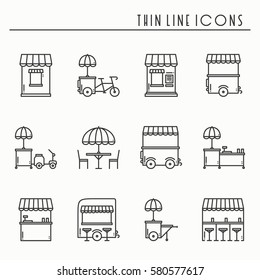 Street food retail thin line icons set. Food truck, kiosk, trolley, wheel market stall, mobile cafe, shop, tent, trade cart. Vector style linear icons. Isolated flat illustration. Symbols. Black white