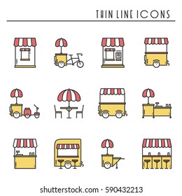 Street food retail thin line icons set. Food truck, kiosk, trolley, wheel market stall, mobile cafe, shop, tent, trade cart. Vector style linear icons. Isolated illustration. Symbols. Yellow red