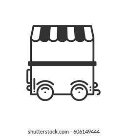 Street food retail thin line icon. Food trolley, truck, kiosk, wheel market stall, mobile cafe, shop, trade cart. Vector linear icon. Isolated illustration. Symbols Object. Fast food sale