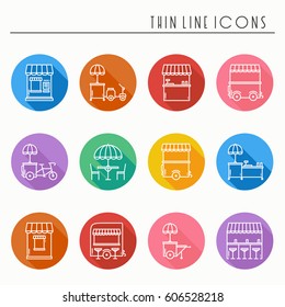 Street food retail thin line icons set. Food truck, kiosk, trolley, wheel market stall, mobile cafe, shop, tent, trade cart. Vector style linear icons. Isolated illustration. Symbols