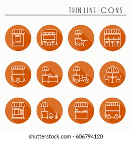 Street food retail thin line icons set. Food truck, kiosk, trolley, wheel market stall, mobile cafe, shop, tent, trade cart. Vector style linear icons. Isolated flat illustration. Symbols
