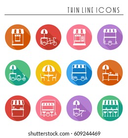 Street food retail thin line icons set. Food truck, kiosk, trolley, wheel market stall, mobile cafe, shop, tent, trade cart. Vector style linear icons. Isolated flat illustration. Symbols silhouette