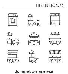 Street food retail thin line icons set. Food truck, kiosk, trolley, wheel market stall, mobile cafe, shop, tent, trade cart. Vector style linear icons. Isolated flat illustration. Symbols