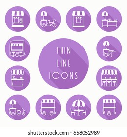 Street food retail thin line icons set. Food truck, kiosk, trolley, wheel market stall, mobile cafe, shop, tent, trade cart. Vector style linear icons. Isolated flat illustration. Symbols silhouette