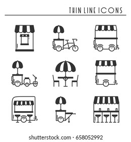 Street food retail thin line icons set. Food truck, kiosk, trolley, wheel market stall, mobile cafe, shop, tent, trade cart. Vector style linear icons. Isolated flat illustration. Symbols silhouette