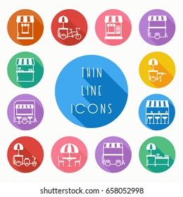 Street food retail thin line icons set. Food truck, kiosk, trolley, wheel market stall, mobile cafe, shop, tent, trade cart. Vector style linear icons. Isolated flat illustration. Symbols silhouette