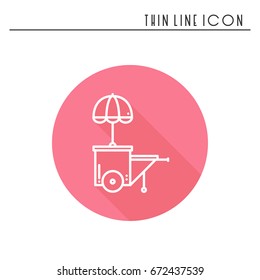 Street food retail thin line icon. Food trolley, truck, kiosk, wheel market stall, mobile cafe, shop, trade cart. Vector linear style icon. Isolated illustration. Symbols. Object. Fast food sale.