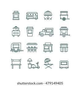 Street food retail, food truck line vector icons. Facade mobile cafe and restaurant illustration